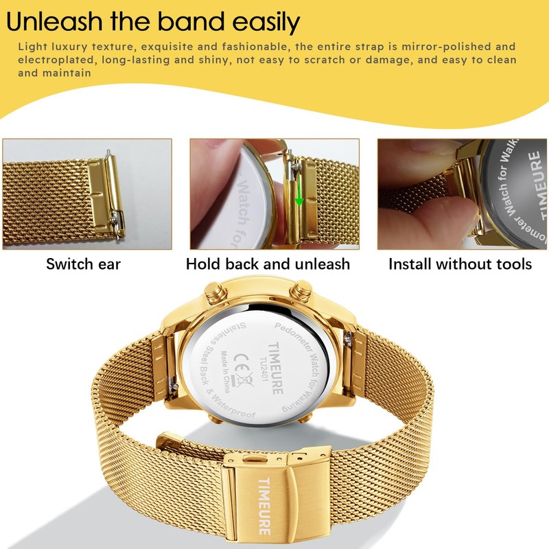 TIMEURE Women's Step Counter Pedometer Watch Crystal Stone, No App,