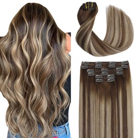 Sindra Clip in Human Hair Extensions Balayage Clip in Extensions Brown to Caramel Blonde Clip in Extensions 14 Inch 100g 6pcs Invisible Hair Extensions Straight Ombre Hair Extensions C14#4/27/4