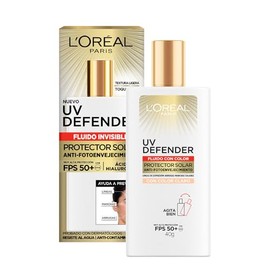 L'Oréal Paris Protector solar facial FPS50+ UV Defender Fluido Invisible Tono Claro, 40ml - Protección solar facial ultra ligero, -50% manchas y -30% arrugas debidas al sol, con Ácido Hialurónico