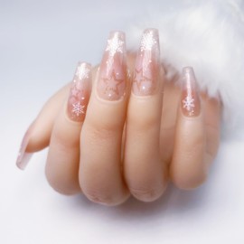 Kokowomite Nails Handmade Nail Tip, Long, Ballerina, Pink, Snow Flower, Fall & Winter, Fashionable, Cute Design, Coming of Age Ceremonies, School Entrance Ceremonies, Graduation Ceremonies, Dating,