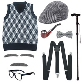 Old Man Costume for Kids 100 Days of School Costume for Boys with Old Man Hat Old Person Glasses Grandpa Vest