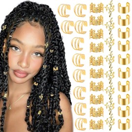 BelleVive 40 Pieces Gold Hair Accessories Set for Braids, Hair Cuffs in Various Styles, Adjustable Braid Jewellery, Non-Penetrating Ear Clips, Loc Dreadlock Accessories for Women