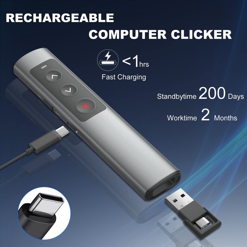 Rechargeable Presentation Clicker for Laptop PowerPoint, USB-A USB-C Presentation Pointer,