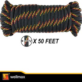 Wellmax Diamond Braid Nylon Rope, 3/8 in X 50 Foot, UV Resistant, High Strength and Weather Resistant - Black