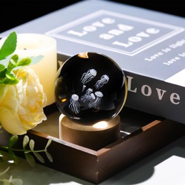 2.36in. 3D Jellyfish Crystal Ball Gifts for Women Girlfriend, K9 Crystal Decorative Ball Engraved Jellyfish Figurine Paperweight with LED Light Base for Home Office Decoration for Birthday Christmas