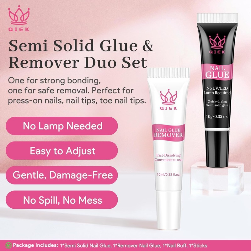 QIEK No-Lamp Nail Glue & Remover Set for Press Ons,