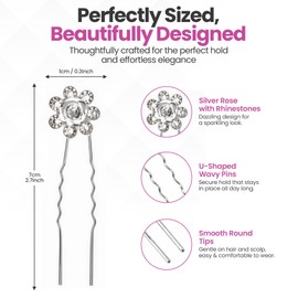 WedDecor Silver Rose Flower Crystal Rhinestone Hair Pins, Pack of 10
