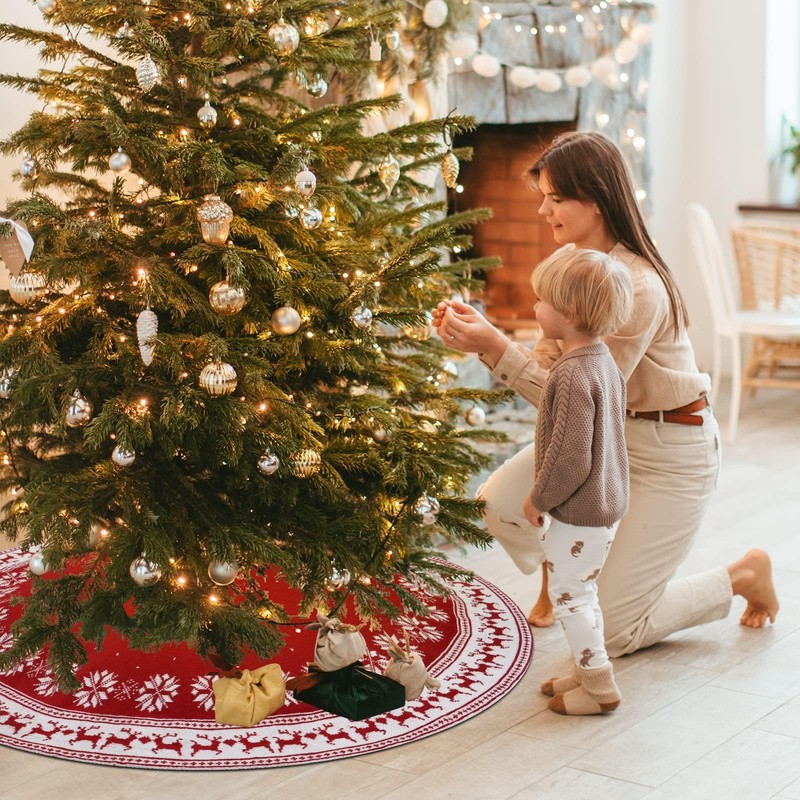 ZANZER Christmas Tree Skirt Rustic Red & White Knitted Xmas