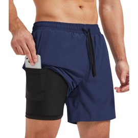 Danfiki Men's Sports Shorts Running Shorts Short 2 in 1 Running Shorts with Built-in Pockets, navy, S
