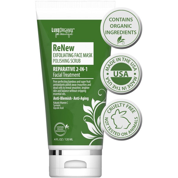 Exfoliating Face Mask & Scrub; Organic 2-IN-1 Facial Treatment for Smooth, Glowing Skin. (4 oz)
