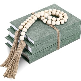 GlikCeil Linen Covered Decorative Books, Set of 3, Coffee Table Books Fabric Book Decor with Wooden Beaded Tassel Neutral Home Decor for Rustic Farmhouse Modern Shelves Tiered Tray (Grass Green)