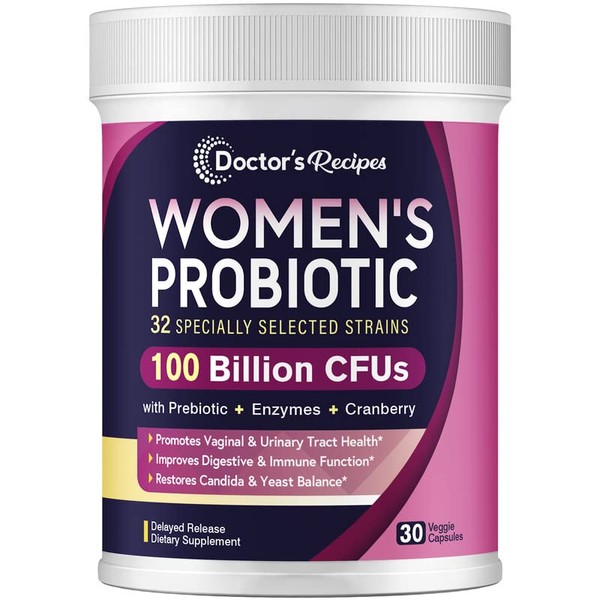 Doctor's Recipes Probiotics for Women, 100 Billion CFU 32 Strains, with Prebiotic Fiber, Enzymes & Cranberry, Vaginal Urinary Digestive & Immune, Shelf Stable, Delayed Release, No Yeast, 30 Caps