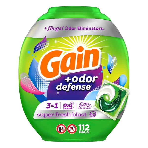 Gain Flings Laundry Detergent Pacs with Odor Defense, Super Fresh HE 3in1 Detergent Pacs with Febreze and Oxi, 112 count