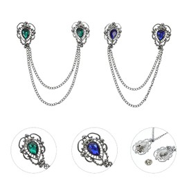 Kisangel 2pcs Mens Gem Brooch Lapel Pin Badge with Hanging Chains Alloy Metal Crystal Collar Brooches Pin for Career Suit Tie Hat Scarf Fathers Day Birthday Blue Green