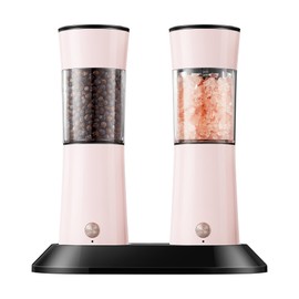 Gravity Electric Salt and Pepper Grinder Set 2-Pack, USB-C Rechargeable with LED Light, Automatic Stainless Steel Mills for Kitchen, BBQ, Dining Table & Gifts - Petal Pink