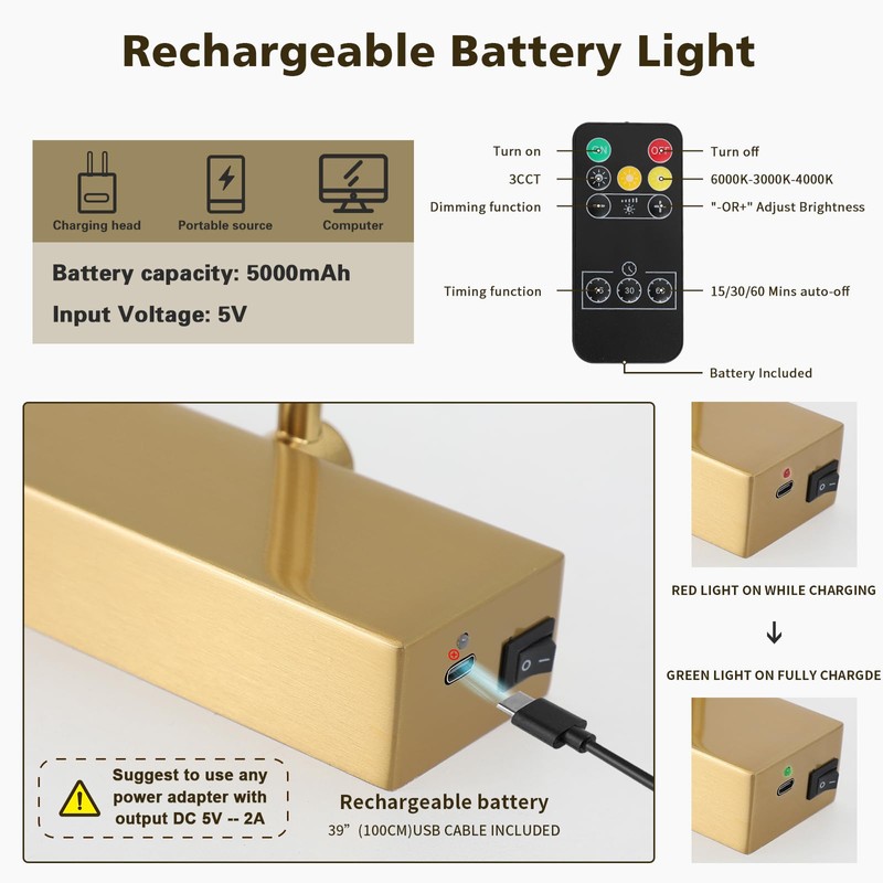 Joosenhouse Battery Operated Picture Light Wireless Gallery Lights 5000mAh Rechargeable