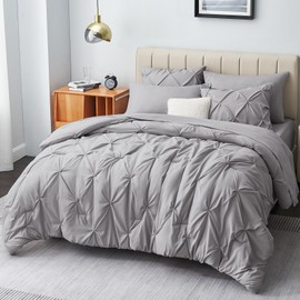 CozyLux Queen Comforter Set - 7 Pieces Comforters Queen Size Light Gray, Pintuck Bed in A Bag Pinch Pleat Bedding Sets with All Season Comforter, Flat Sheet, Fitted Sheet and Pillowcases & Shams
