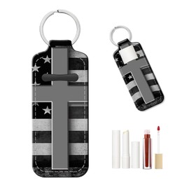 PLKTJOSA Leather Chapstick Holder Keychain, Unisex Lip Balm & Lipstick Sleeve for Everyday Use(Black White American Flag Jesus Cross)