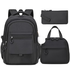 GeeWin Black Backpack for Girls, Bookbag for Girls, School Bags for Kids Children Elementary Middle School Student, 3-In-1 Waterproof Stylish Girl Bookbag Set with Insulated Lunch Bag & Pencil Pouch