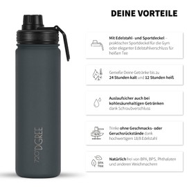 720°DGREE "noLimit" Stainless Steel Drinking Bottle 950 ml, Leak-Proof, for Carbonated Drinks, BPA-Free, Thermos Flask, Insulated Flask with Screw Cap for Sports, Fitness, Outdoor + Free Sports Lid