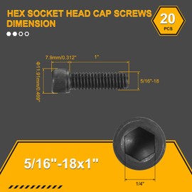 DTGN 5/16"-18x1" Socket Head Cap Screws Bolts - 20Pack - Good for Road Bicycle, Mountain Bike, Auto, Motorcycle - Carbon Steel Hex Head Metric Screws, Black