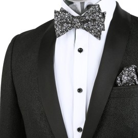 Alizeal Mens Floral Patterned Colorful Classic Self Tied Bow Tie and Pocket Square Set, Black+Gray