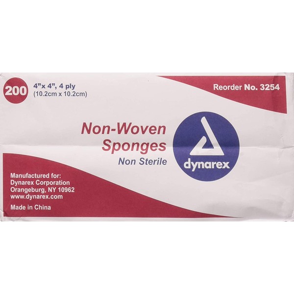 Dynarex Non-Sterile Non Woven Sponge, 4x4 Inch, 200 Count,Pack of 2