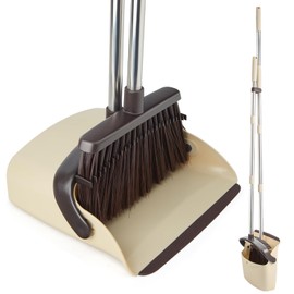 OOOFLOWER Broom and Dustpan Set, Efficient Floor Cleaning with Broom, Long Handle and Standing Dustpan with Comb Teeth, Adjustable Handle for Home Kitchen Office Lobby(Beige)