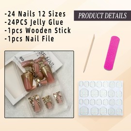 Jremg Gold French Tip Press on Nails Medium Duck Fake Nails with Rhinestones Design Luxury 3D Gold Butterfly Charms False Nails Glossy Acrylic Artificial Nails Reusable Stick on Nails for Women 24Pcs