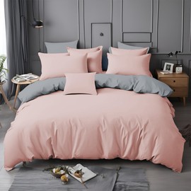 J.Din Blush Pink and Grey Plain Dyed Duvet Cover - Soft Brushed Microfiber - Double Bedding Set With Matching Pillow cases - Reversible Quilt Cover Sets