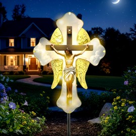 Solar Glass Jesus Cross Outdoor Light Power Stake Tombstone Wings Jesus