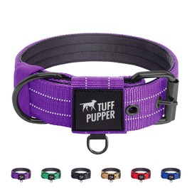 Tuff Pupper Heavy Duty Tactical Dog Collar | 1.5" Wide Ballistic Nylon | Reflective Stitching | Integrated ID Tag Holder | Stainless Steel Buckle | Padded Lining | Medium & Large Dogs (Purple, Large)