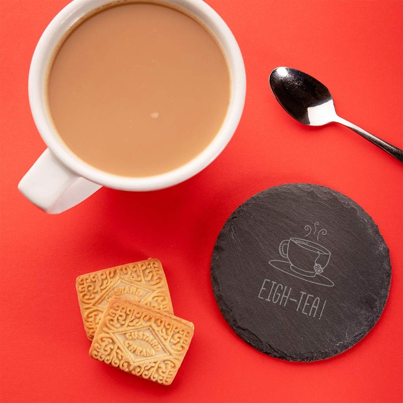 "Eigh-Tea!" Engraved Slate Coaster - Funny 80th Birthday Gift for