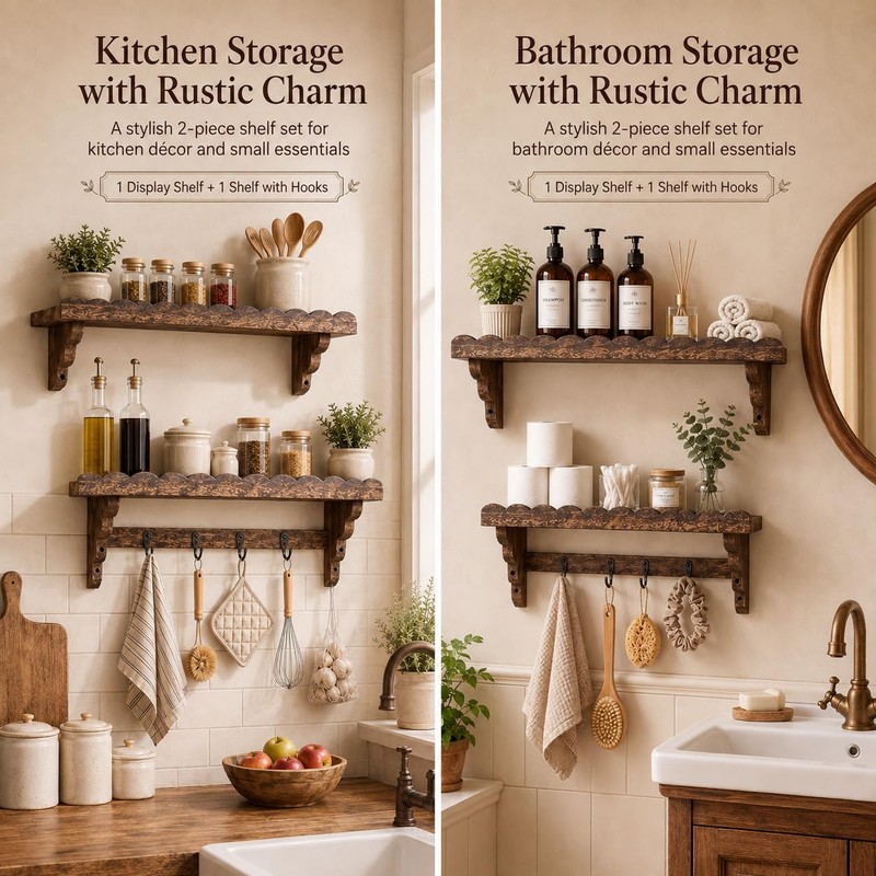 17-Inch Scalloped Rustic Wall Shelves Set of 2, Shelves for
