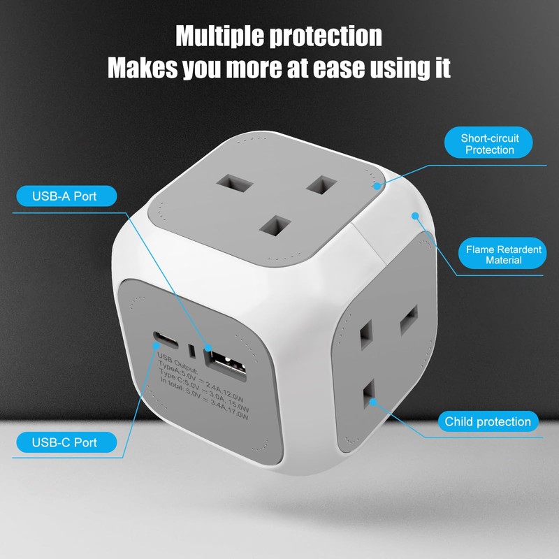 EXTRASTAR 4 Way Cube Extension Lead 1.5M, Power Cube Usb