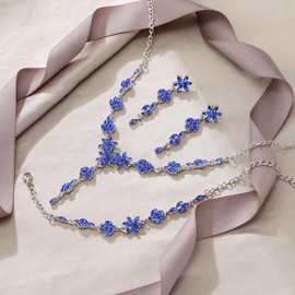 EVER FAITH Banquet Prom Jewelry Set for Women, Elegant Marquise Crystal Cluster Flower Necklace Dangle Earrings Bracelet Royal Blue Silver-Tone