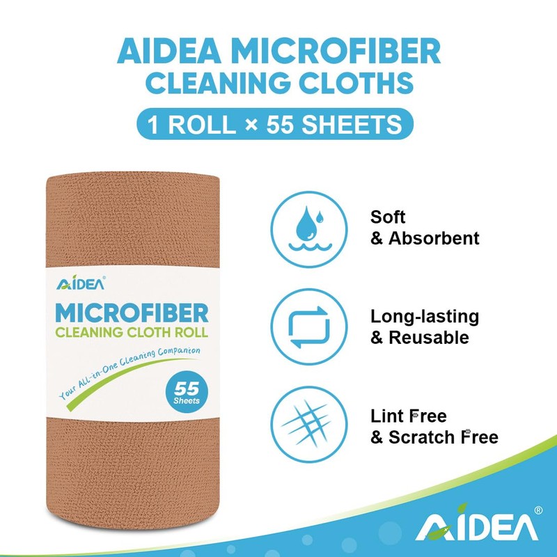AIDEA Microfiber Cleaning Cloth Roll, 55 Sheets Shop Towels Washable,