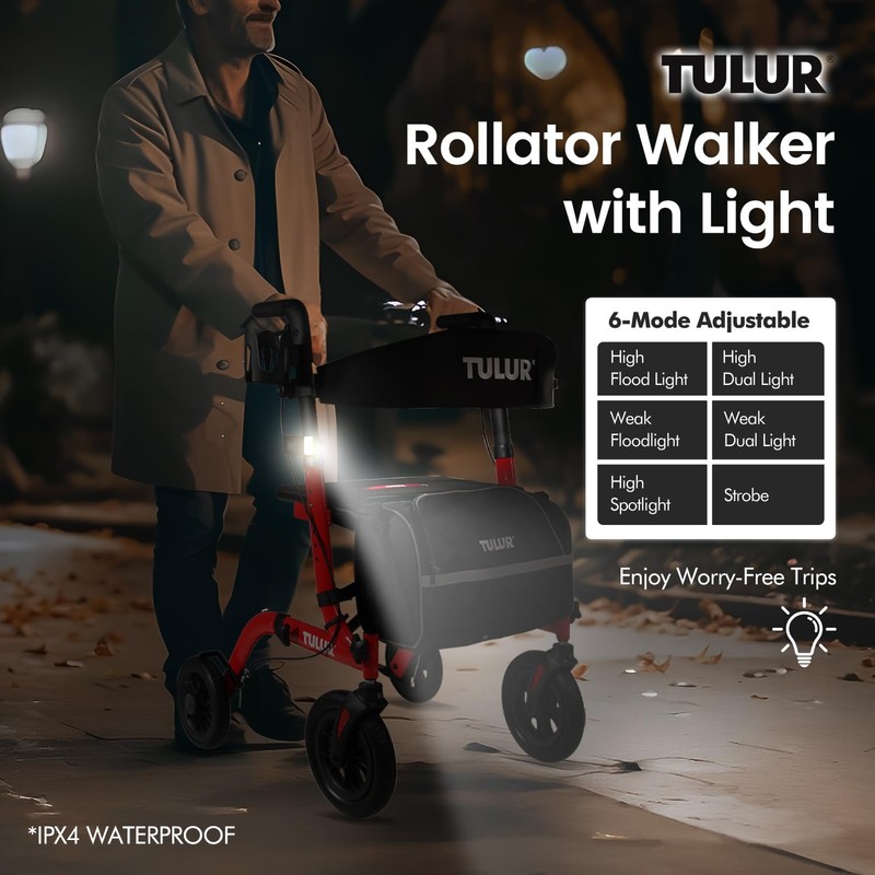 Rollator Walker with Seat, Walkers for Seniors, 10" Rubber Wheels
