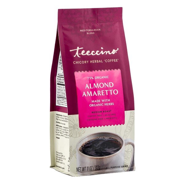 Teeccino Chicory Coffee Alternative – Almond Amaretto – Ground Herbal Coffee That’s Prebiotic, Caffeine Free & Acid Free, Medium Roast, 11 Ounce