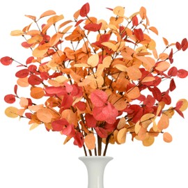 Palonu 6Pcs 24 Inch Artificial Eucalyptus Fall Leaves, Fall Orange Eucalyptus Leaves, Autumn Leaf Branch Faux Fall Decorations for Home Floral Arrangement Autumn Festival Thanksgiving Decor