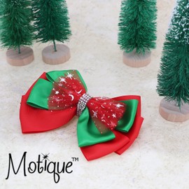 6 inch Christmas Bow for Girls Xmas Hairbow - Stars Chiffon with Rhinestones