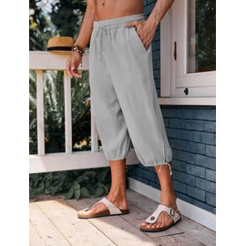 Gafeng Mens Harem Capri Pants Beach Yoga Baggy 3/4 Shorts Casual Drawstring Summer Lightweight Pants Grey