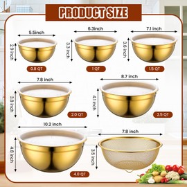 Teenyyou 7 Pack Gold Mixing Bowls with Airtight Lids Stainless Steel Mixing Bowl, Metal Nesting Organizers and Stainless Steel Colander Set for Baking Serving Food (0.8,1,1.5,2.0,2.5,4.0 Qt)