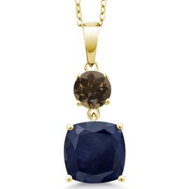 Gem Stone King 18K Yellow Gold Plated Silver Blue Sapphire and Brown Smoky Quartz Pendant Necklace For Women (5.40 Cttw, Gemstone September Birthstone, Cushion 10MM, Round 6MM)