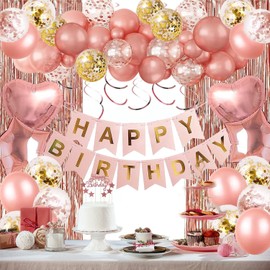 lqfpdsp Rose Gold Birthday Party Decorations, Happy Birthday Banner, Rose Gold Fringe Curtain, Party Curtain,Heart Star Foil Confetti Balloons, Hanging Swirls for Women Girls Birthdays Princess Party