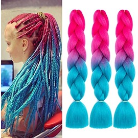FANWYFYU Jumbo Braiding Hair Extension Colourful Xpression Pre Stretched 3 Packs 24inch Braiding Hair Heat Resistant Synthetic African Box Braids Crochet Twist Rainbow hair (Peach red-Navy blue)