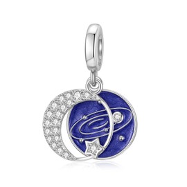 SEVENWELL - Abalorio de estrella y luna, compatible con la mayoría de pulseras, collares, colgantes de plata de ley para hija, hermana, mamá, esposa y nana, Plata de ley, Circonita cúbica sintética