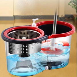 Spin Mop and Bucket with Wringer Set, 360°Rotating Head Mop Bucket System, 3 Microfiber Mop Heads for Living Room, Bedroom, Kitchen, Office (Black & Red)
