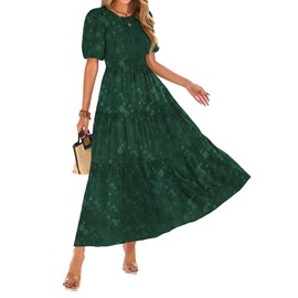KIRUNDO Womens Summer Dresses Wedding Guest Floral Midi Sundress Short Puff Sleeve Flowy A Line Smocked Tiered Boho Dress(Dark Green, Small)
