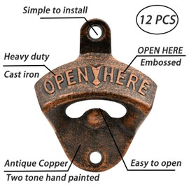 Luwanburg 12 PCS Rustic Beer Bottle Opener Wall Mounted Bulk Cast Iron Soda Top Opener Screw in Table Antique Copper for Wooden DIY